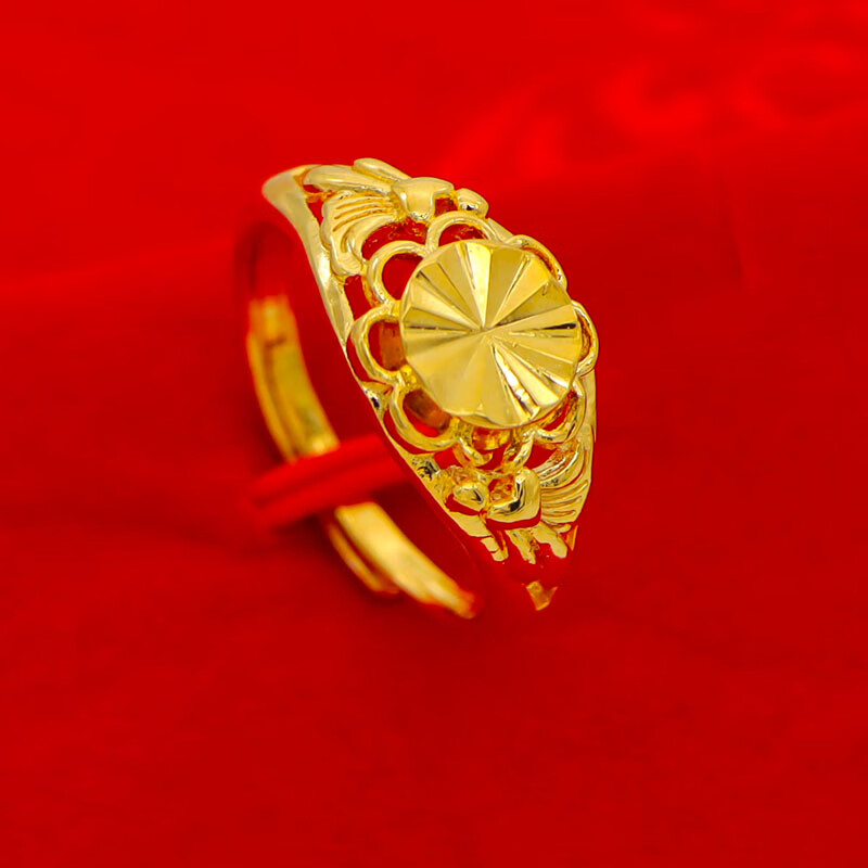 黄金色古法戒指男女士开口可调节久不掉色指环结婚首饰品 金花戒指