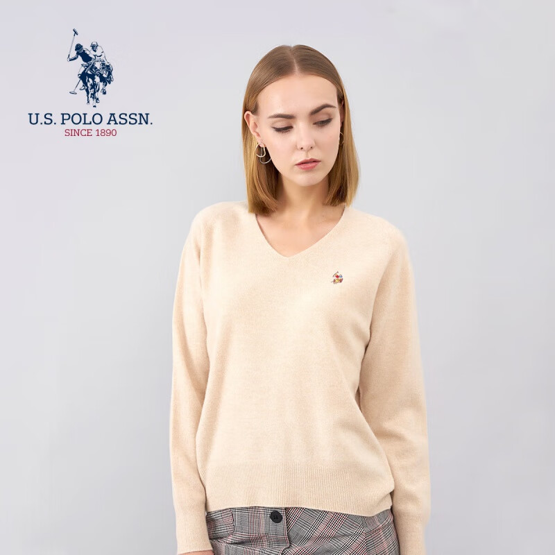 U.S. POLO ASSN.保罗针织衫秋冬季长袖T恤保暖羊毛衫打底衫时尚百搭 雪米色005【V领】 M
