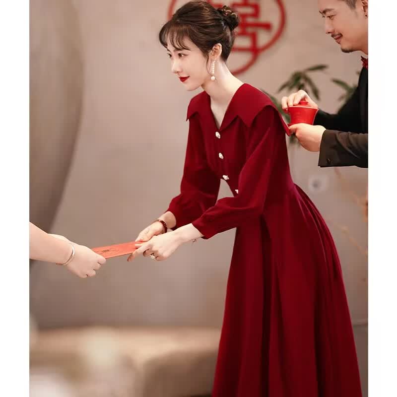 铂朗尼奥 胖妹妹大码新娘结婚服敬酒服2022年秋冬新款胖mm酒红色长袖订婚礼服连衣裙 酒红色 2XL_建议140-160斤高性价比高么？