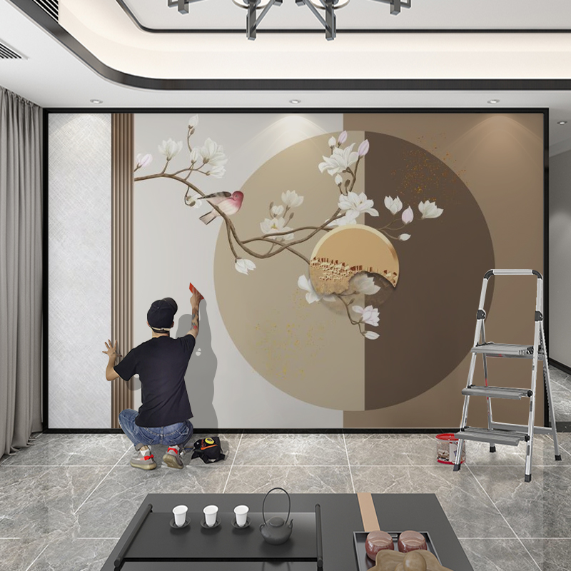 施韵令2021简约电视背景墙壁纸新中式鸟影视墙壁画3d墙布 (无缝)加厚