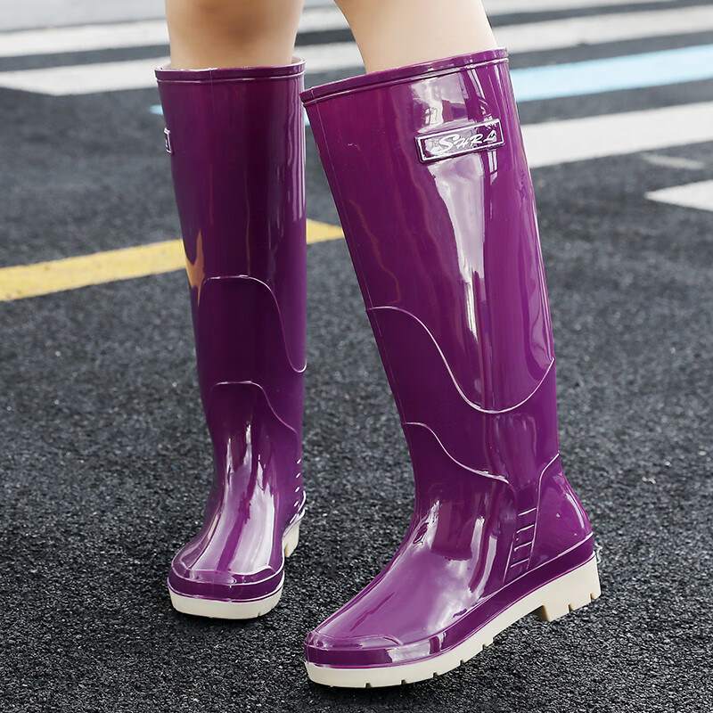穿高筒新款防滑雨靴长筒耐磨水鞋软底工作胶鞋 【高筒防滑耐磨】紫色