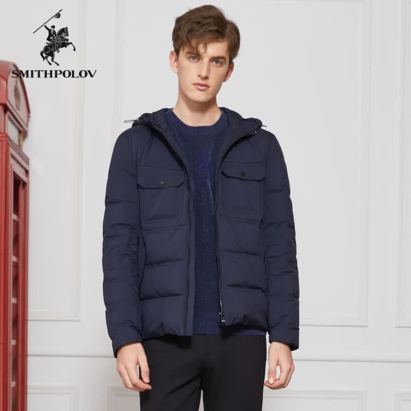 斯密特保罗（SMITHPOLOV）冬季新款百搭短款男款连帽休闲羽绒服男士纯色保暖羽绒外套 藏青色 46