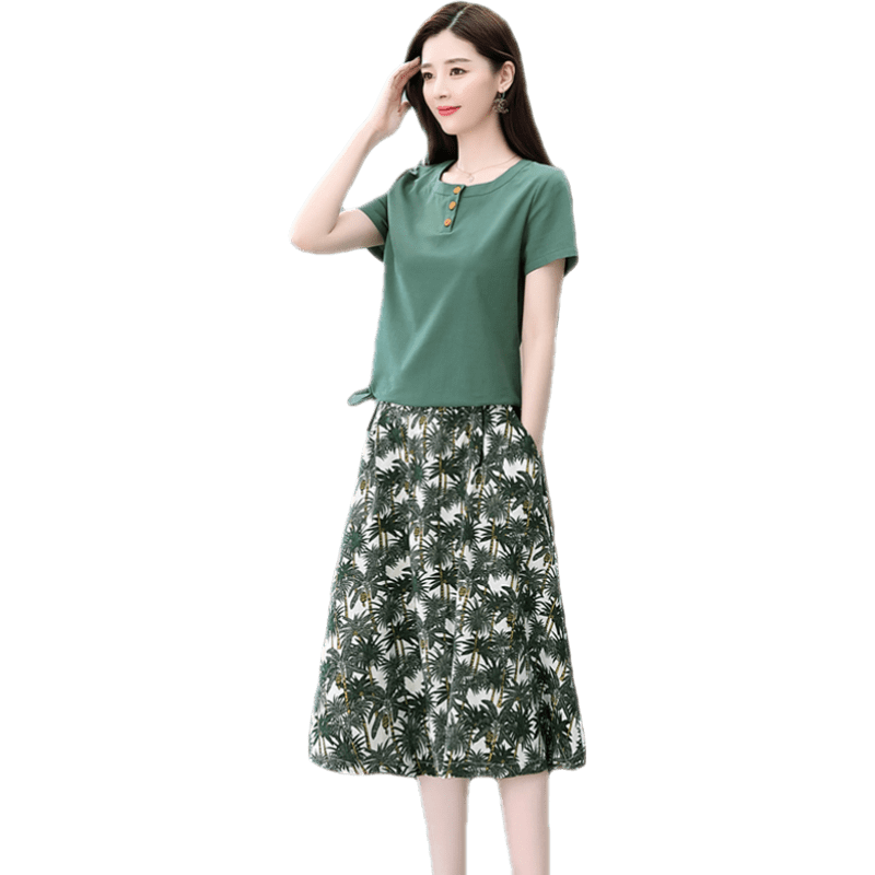 楚馨兩件套套裝裙2025夏季新款女裝時尚氣質(zhì)小個子碎花連衣裙夏天裙子 綠色 XL