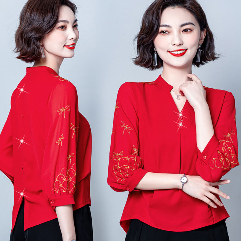 中凡智雪纺衫女七分袖绣花小衫夏装新款遮肚子洋气百搭衬衫上衣 红色