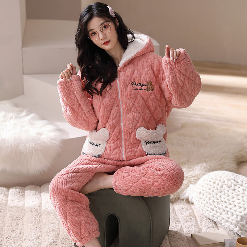 芬腾【清仓】情侣珊瑚绒夹棉睡衣女士冬季三层加厚男抗静电家居服套装 FJ2491097粉红【单女款】 2XL 建议:女142-160,男166-185斤