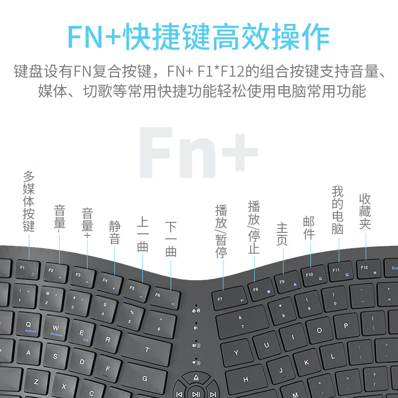 三巨K910人体工学键盘无线蓝牙双模静音可充电台式笔记本电脑办公打字专用拱形键盘带手托 纯黑色-双模充电版(无线2.4G+蓝牙) 双模
