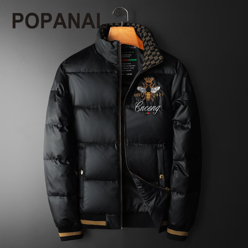 POPANAL香港潮牌2024冬季新款男高品质蜜蜂刺绣90%白鸭绒保暖立领羽绒服 黑色 M
