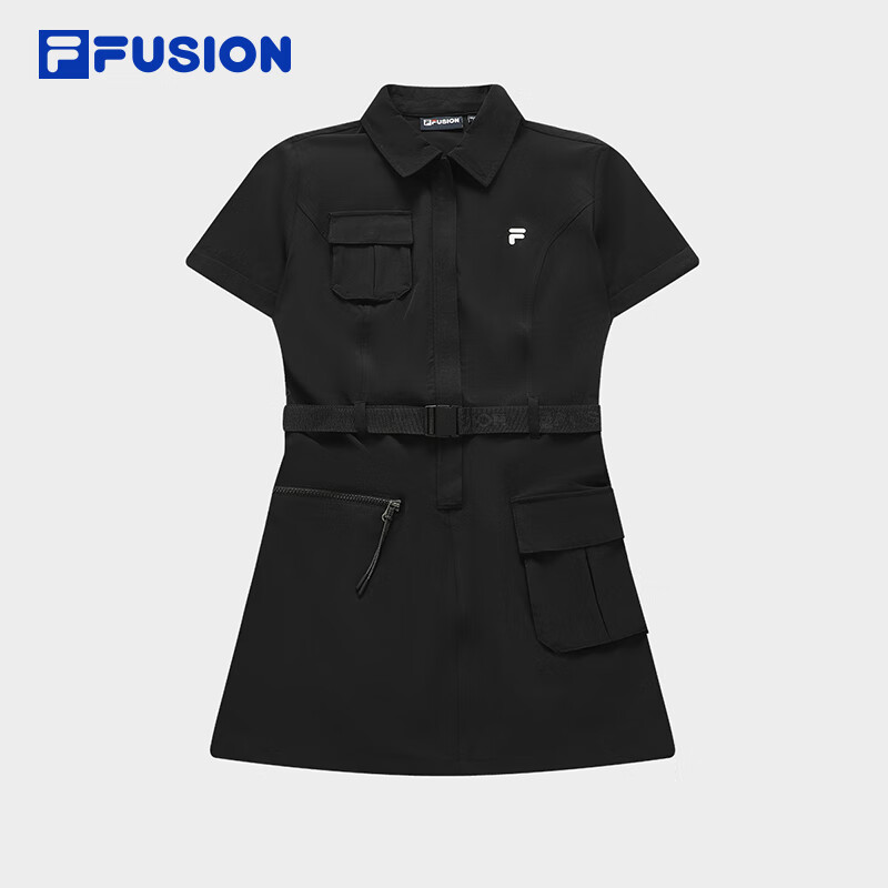 FILA FUSION斐樂潮牌女裝梭織連衣裙2024夏季新款時尚干爽收腰裙子 正黑色-BK 175/92A/XL
