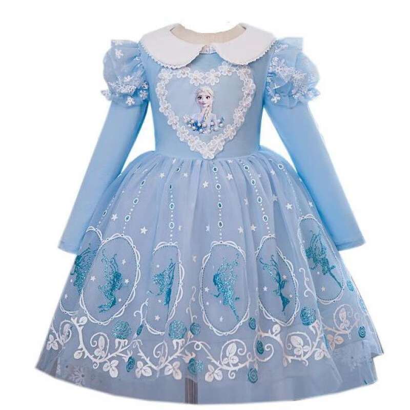 款冰雪奇缘蓬蓬纱裙秋冬儿童艾莎连衣裙礼服裙 裙子长袖蓝色(披纱)