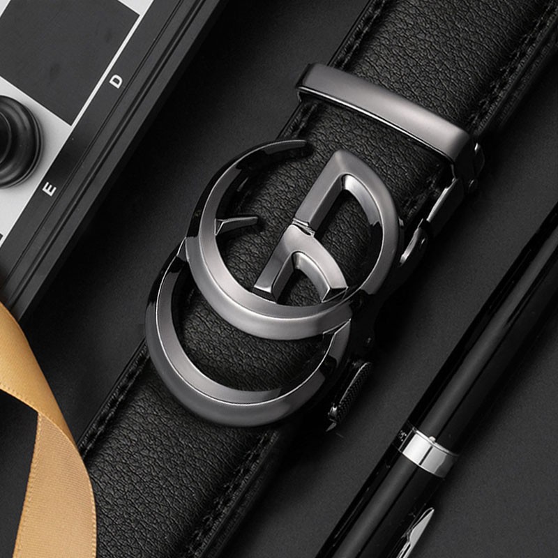 POACY男士皮带真牛皮 商务腰带男时尚裤带男款字母简约 礼物 双G枪色扣 110cm 【裤码33以下】 京东折扣/优惠券