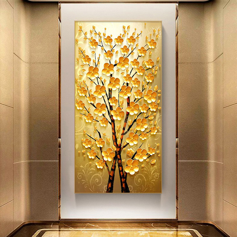 艺术一点入户玄关装饰画轻奢发财树油画客厅进门正对面走廊过道背景墙