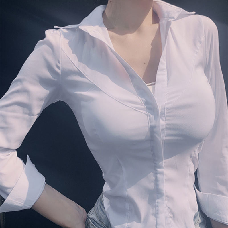 宝乔旭春秋季新款v领修身显瘦ol衬衫性感低胸衬衣紧身上衣女装 长袖