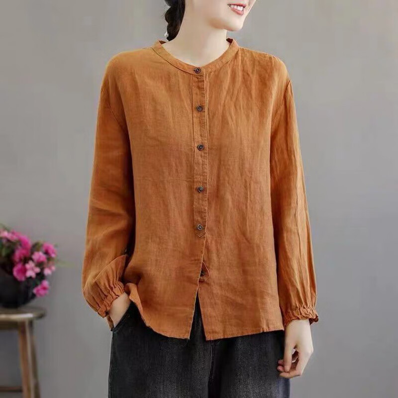 中老年妈妈棉麻长袖衬衫女秋季宽松圆领衬衣休闲外套小衫上衣 橘棕色
