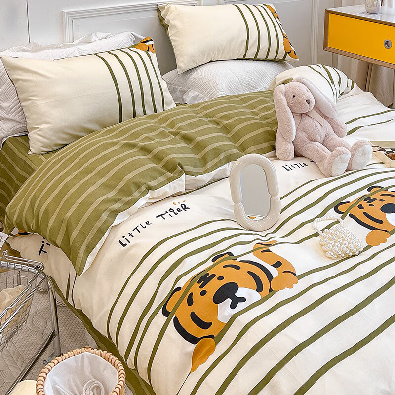 纯棉单人床男可爱卡通四件套100床单人被套秋儿童宿舍床笠款 手绘小虎