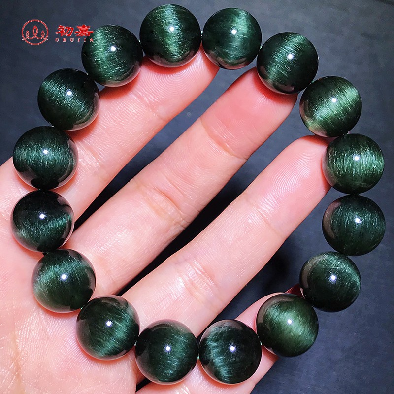 初嘉 绿发晶手链 钛晶顺发带猫眼绿晶手珠 男女士手链绿幽灵板钛水晶手串 收藏级9毫米