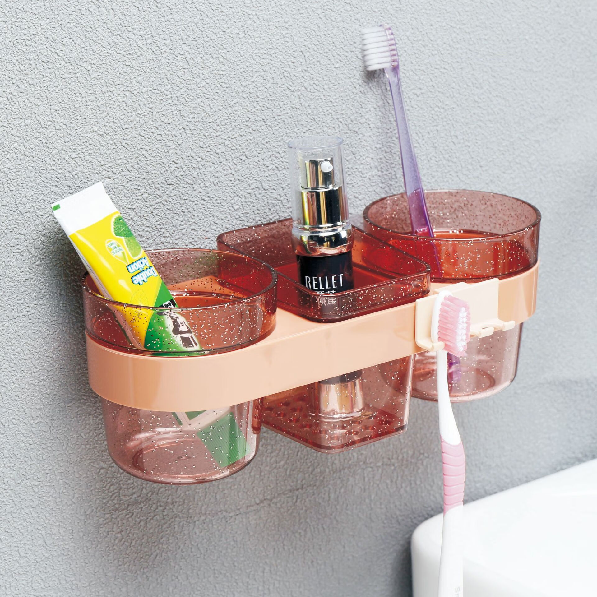 矮牵牛置物架情侣牙刷架免打孔双人壁挂式卫生间杯架刷牙杯牙杯 晶透