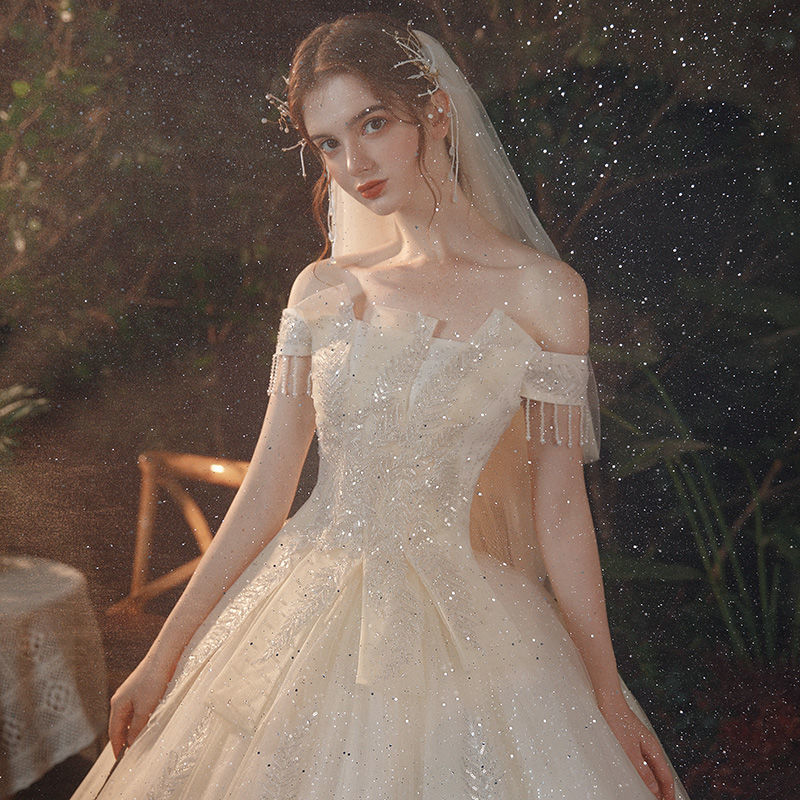 肩森系超仙梦幻法式公主裙 香槟色齐地款 只买婚纱无配件-婚纱礼服 s