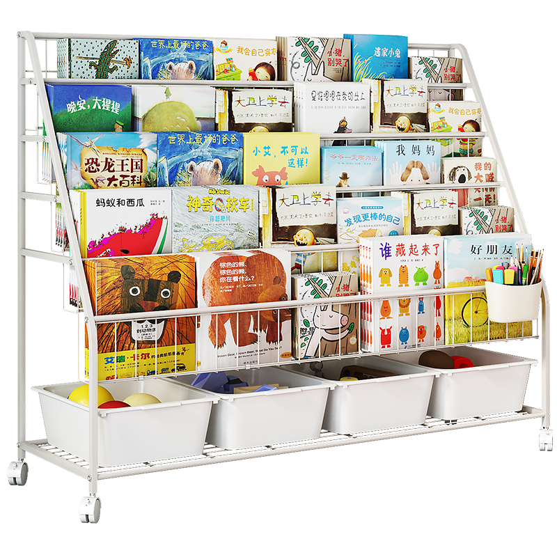 SOFS 绘本书架落地可移动宝宝绘本架客厅婴幼儿书本玩具收纳架学生多层书报展示小书架 XXL码带轮子(5层展示+1层收纳) 米白4盒