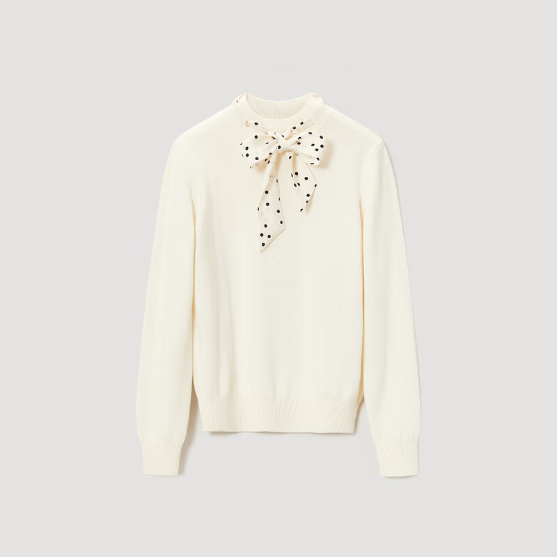 OVV秋冬新款丝巾领两穿绵羊毛精纺休闲长袖针织衫GNZAJ31121A 米白C9 L