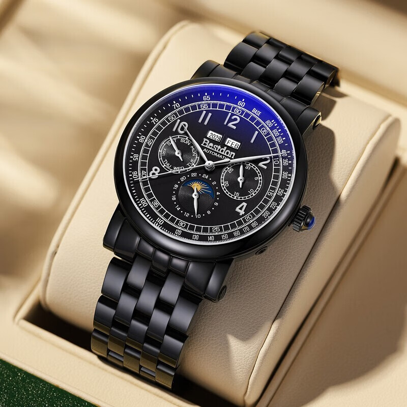 邦顿(bestdon)瑞士认证 手表男机械表全自动多功能月相防水国表男表送