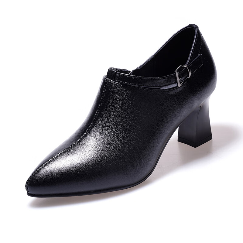 女士皮鞋半高跟的尖头的新款秋季女软皮深口单鞋春秋女鞋粗跟鞋 黑色