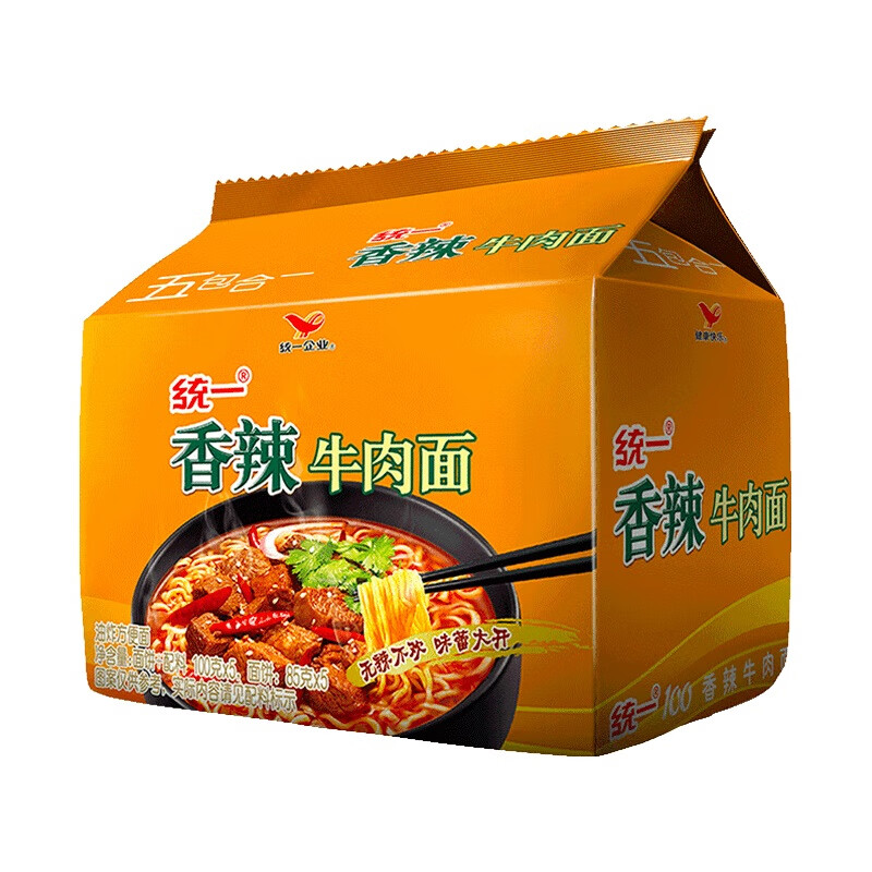 统一100 香辣牛肉面五合一 100g*5袋方便面*6大包 休闲零食桶装速食