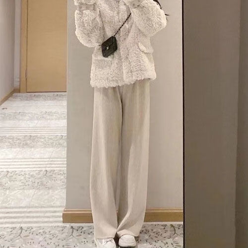 阔腿裤女学生2022秋冬加绒裤子垂坠感小个子针织休闲裤 杏色薄款 xs