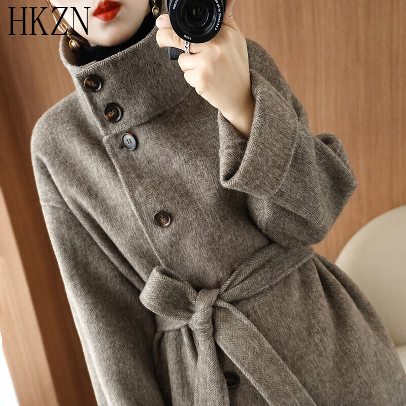 新款立领气质高端双面羊绒大衣女中长款100羊毛呢高领外套品牌女装 夹