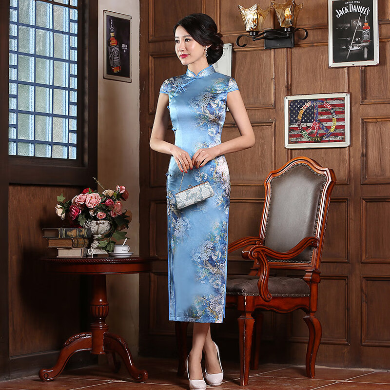 真丝旗袍裙女长款新式改良桑蚕丝旗袍2022新款走秀唐装旗袍民国风复古