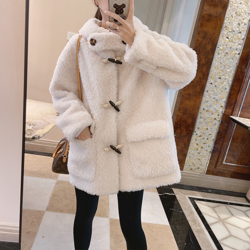 奥若文牛角扣大衣加绒加厚冬款红色牛角扣连帽羊羔毛绒中长款加绒加厚