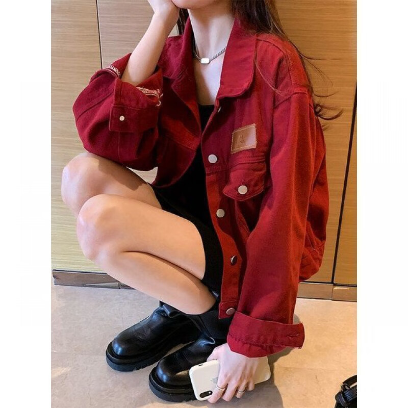 外套女短款春秋装新款宽松外衣百搭休闲夹克复古港味上衣 图片红色 m