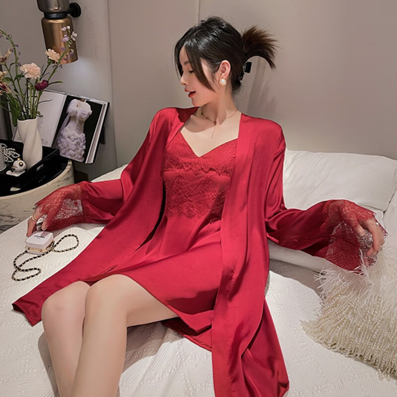 花陌妮冰丝睡衣女士2022春夏季新款性感轻奢蕾丝吊带睡裙睡袍两件套