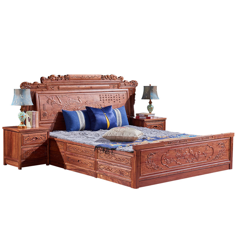 正荣府 红木家具 非洲花梨（学名：刺猬紫檀）实木双人床中式婚床卧室大床 1.5米床+2床头柜