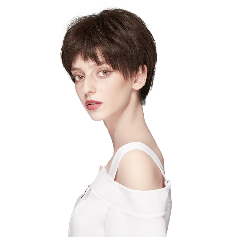 瑞貝卡（Rebecca）假發(fā)全真人發(fā)女短發(fā)短直發(fā)狗啃劉海蓬松透氣全手織工藝頭套 深棕色 短發(fā) 全手織 真人發(fā)絲