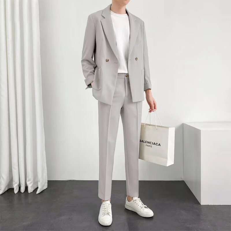 休闲西装男春季新款总裁范时尚气质收腰礼服外套轻熟风西服套装 灰色