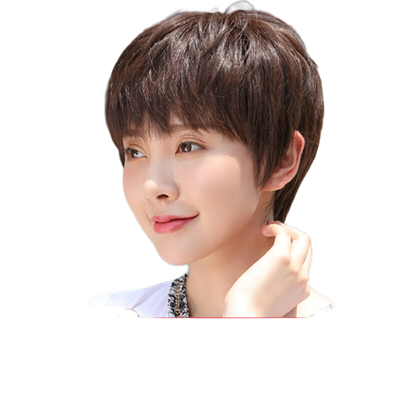 夢唯詩（Moonwish）假發(fā)女紋理短發(fā)假發(fā)真發(fā)全真人發(fā)絲中老年蓬松自然全頭套 雙遞針-深棕色-隨意分縫 短發(fā) 15cm