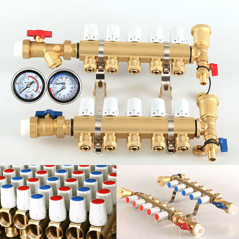 新款1寸手动分集水器套装地暖家用全铜分水器地暖家装2345678路 2路整套配16接头(直式PPR25球阀带压力表+2