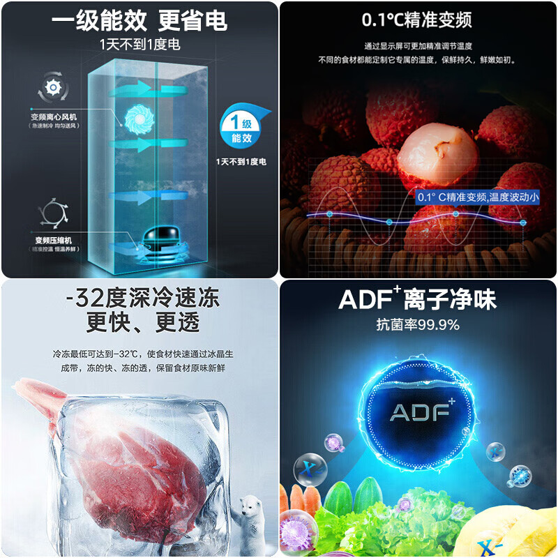 美菱(MELING)【离子净系列】556升双开门对开两门电冰箱一级能效变频家用风冷无霜净味大容量节能BCD-556WPCX