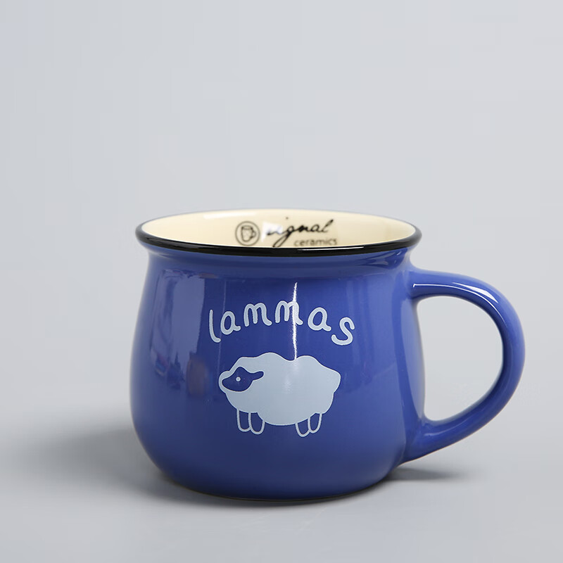 陶瓷杯印字活动礼品杯广告杯批發订做带盖勺水杯子 深蓝色大号