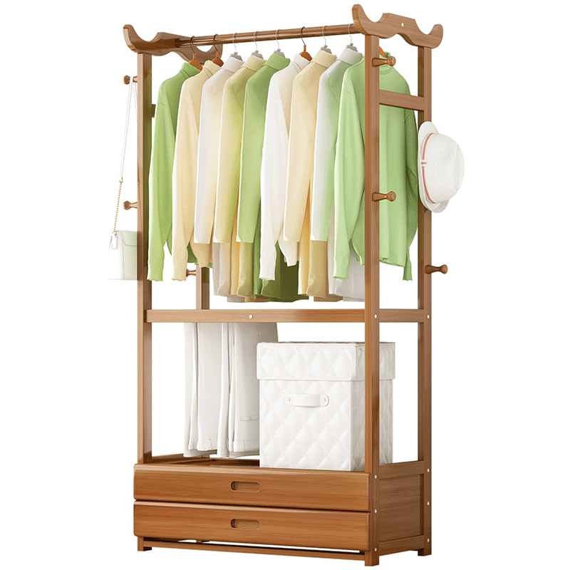 竹海明珠 简约现代衣帽架落地简易多功能衣服架家用室内卧室层架轻奢挂衣架网红客厅玄关收纳架实木置物架 加固新款【三抽+裤架】茶色长90cm