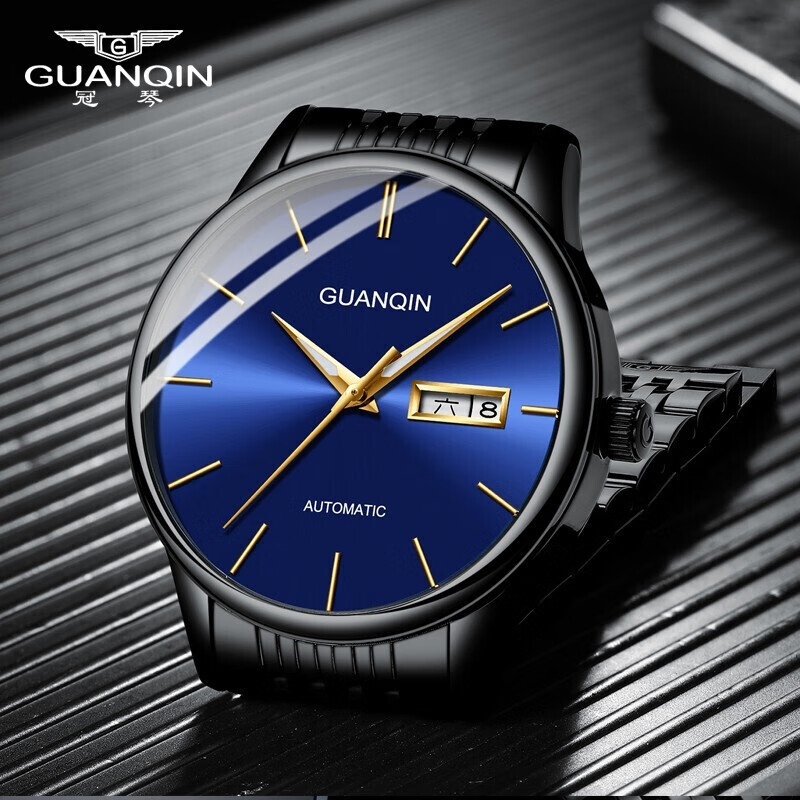 冠琴（GUANQIN）十大品牌手表男士进口机芯全自动机械表双日历夜光防水男表 全黑蓝面【进口机芯】16217