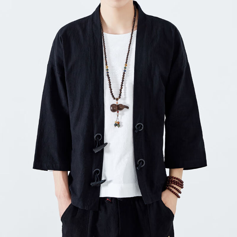 菲尼東爵中國風(fēng)男裝春夏居士復(fù)古外套中式唐裝和服禪修服改良漢服古裝 黑色 M