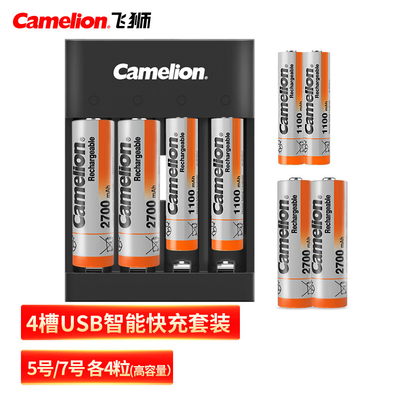 飞狮（Camelion）BC-0807F 4槽USB智能快充套装配4节5号2700毫安+4节7号1100毫安充电电池 鼠标/键盘