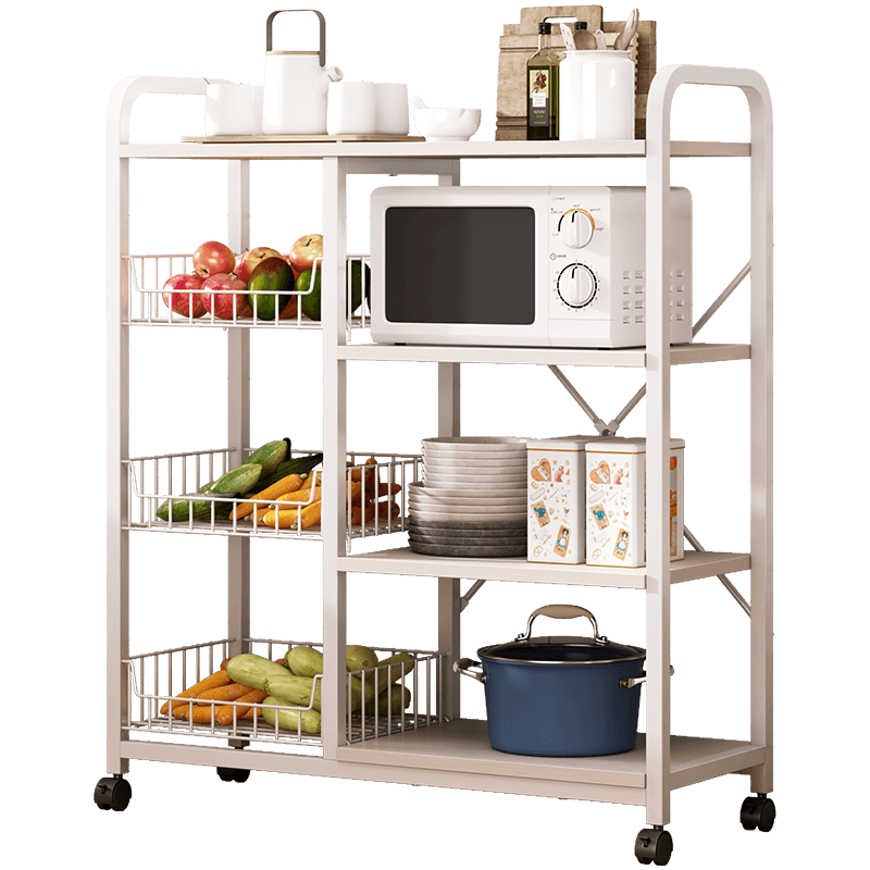 UCU厨房钢木倒U形可沥水带滚轮置物架落地多层锅具烤箱微波炉储物架多功能菜篮子蔬菜收纳架 双排四层枫樱木色+白86.3*30*104cm