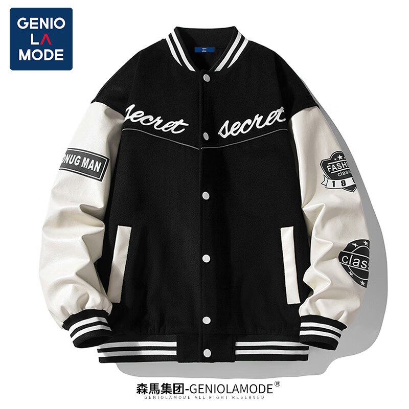 森马集团GENIOLAMODE潮牌棒球服男春秋季夹克外套男士潮流休闲百搭宽松上衣 黑色 XL