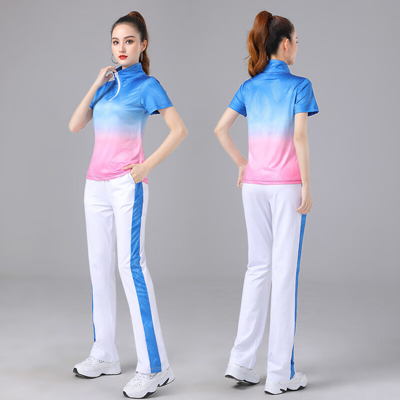 渐变短袖运动服服装套装夏季新款健身舞蹈演出服女跳舞衣服 羽毛蓝粉