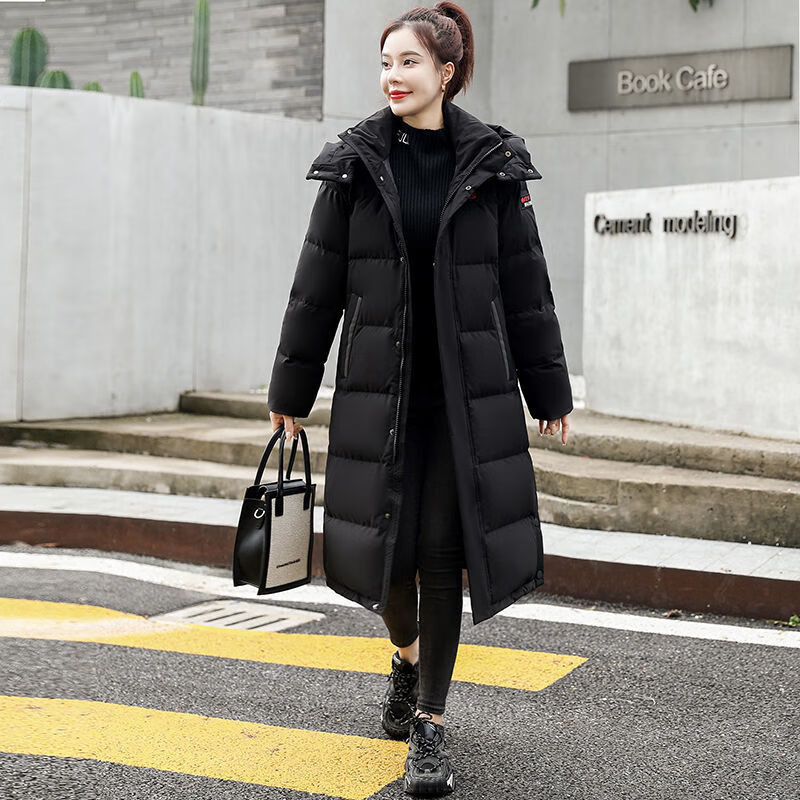 kwgo高端大牌新款羽绒服女中长款过膝时尚宽松韩版加厚保暖冬装 黑色