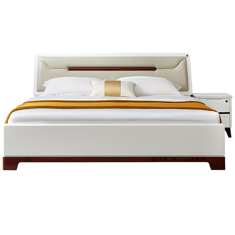 QuanU 全友 121806 简约板式床+床头柜 红胡桃木纹+雪域白 1.8m床