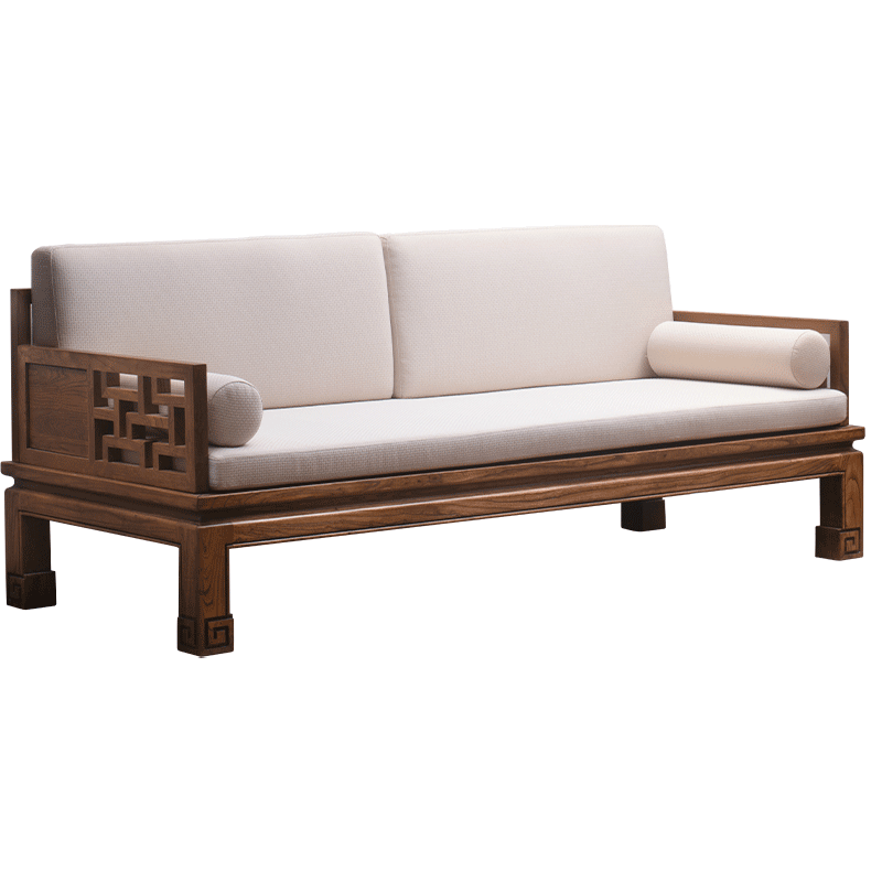 溪木工坊新中式實(shí)木沙發(fā)老榆木禪意簡(jiǎn)約布藝木質(zhì)沙發(fā)茶幾組合中式客廳家具 雙人位