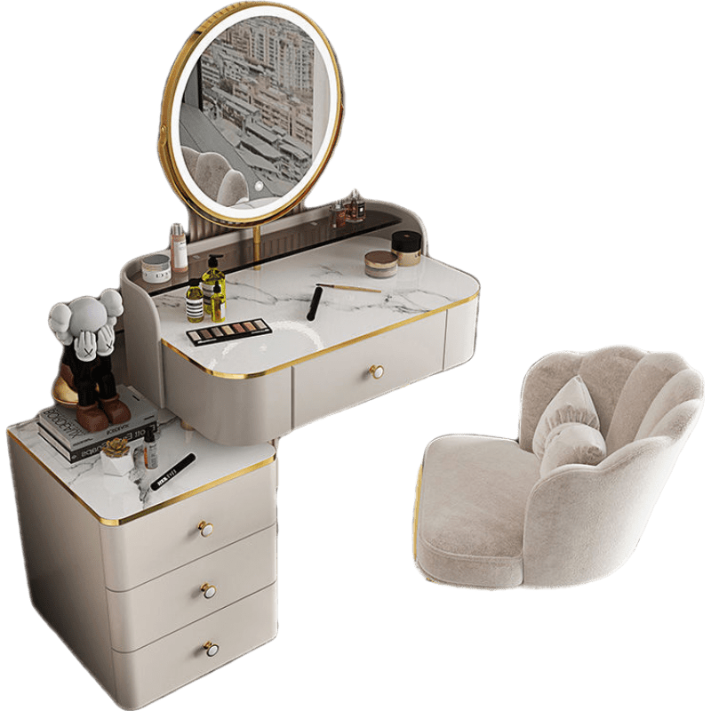 千番町 轻奢梳妆台主卧简约现代小户型多功能双层实木大容量卧室化妆桌化妆台婚房 围挡60组合+智能镜+花瓣椅白【双层梳妆台】 整装